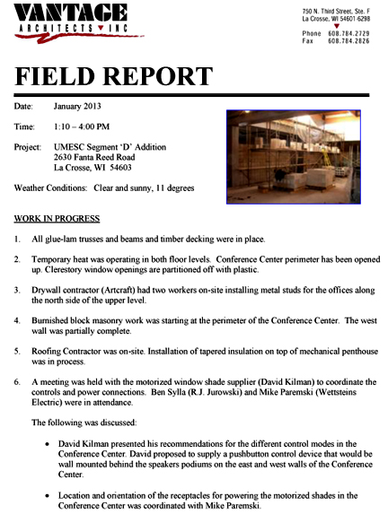 Vantage Architects Field Report Example